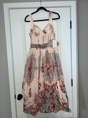 Rosevelvet Women’s Floral Pink and Blue Sundress with Decorative Belt Size S NWT